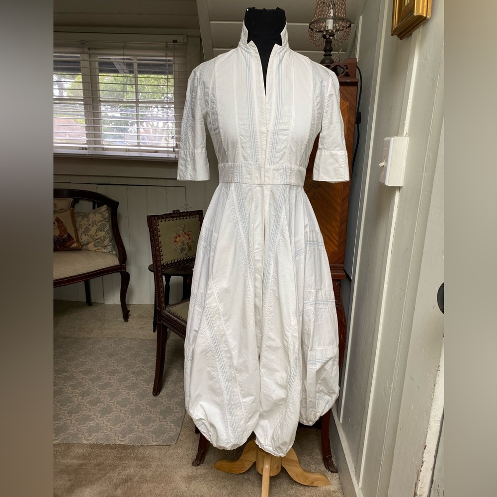 Flirty White shirt Dress w/pale blue and cream pinstripe design & balloon skirt
